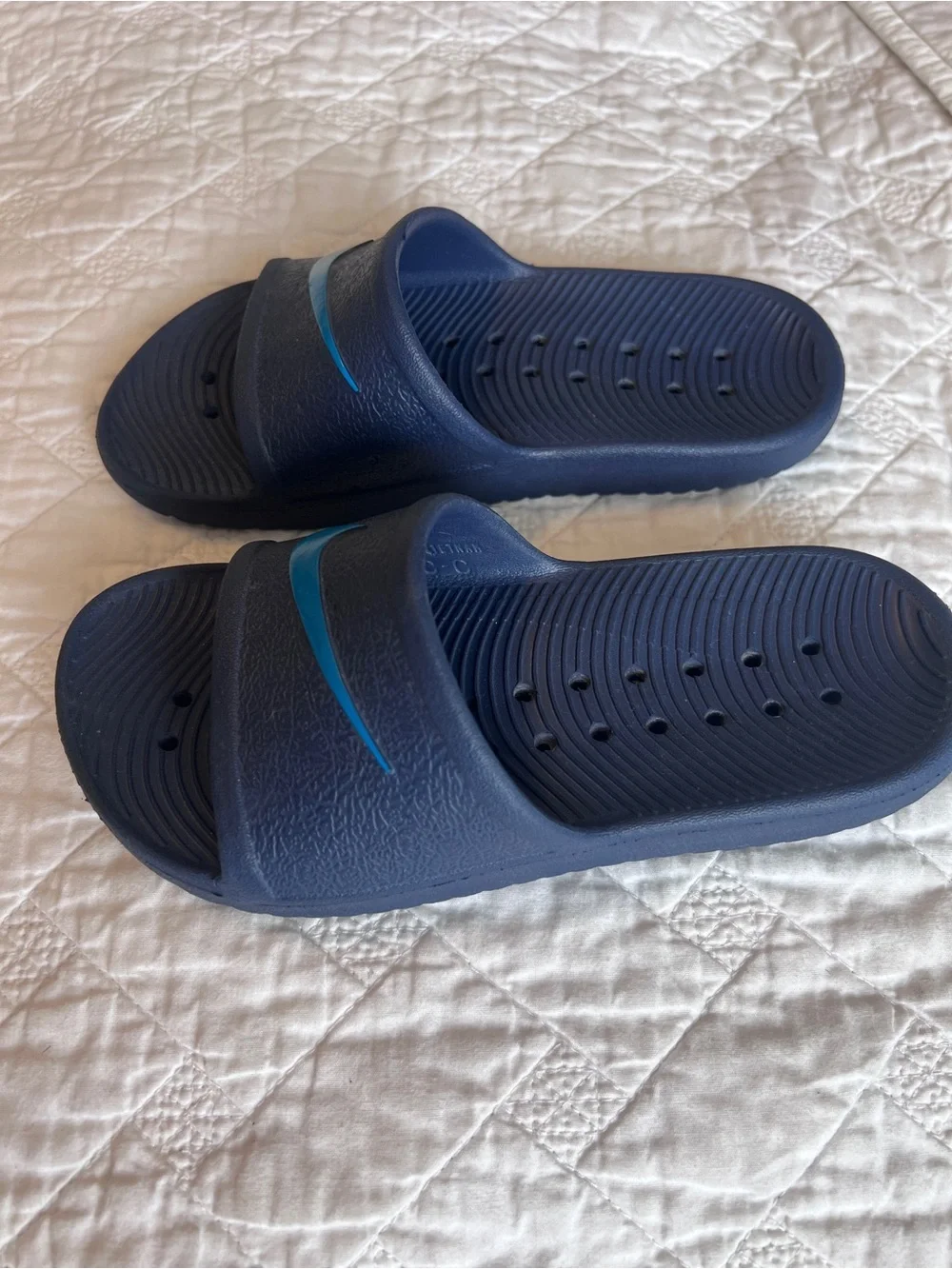 Nike Dark Blue Slide Sandals with Light Blue Swoosh